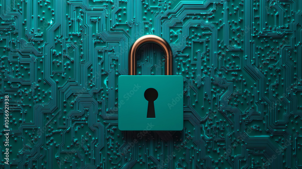 A padlock on a circuit board background, symbolizing cybersecurity and data protection. The bright colors create an engaging visual for tech-related concepts.