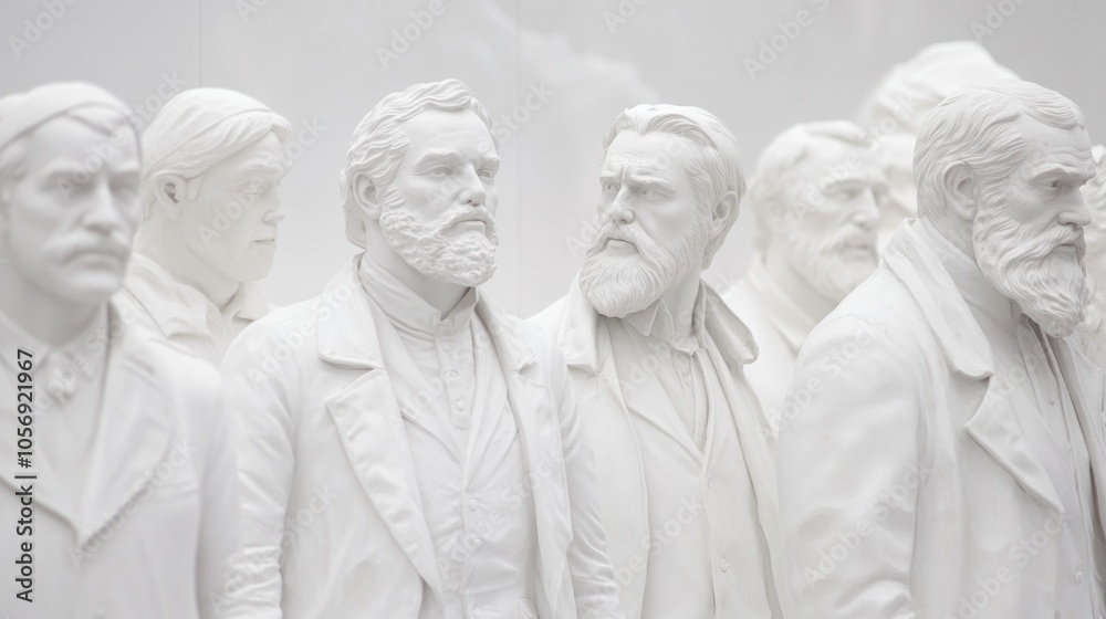 Naklejka premium A collection of intricate white sculptures depicting historical figures with distinct facial features and expressions.