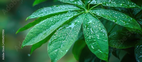 Green Cassava Leaf After A Rainy Day