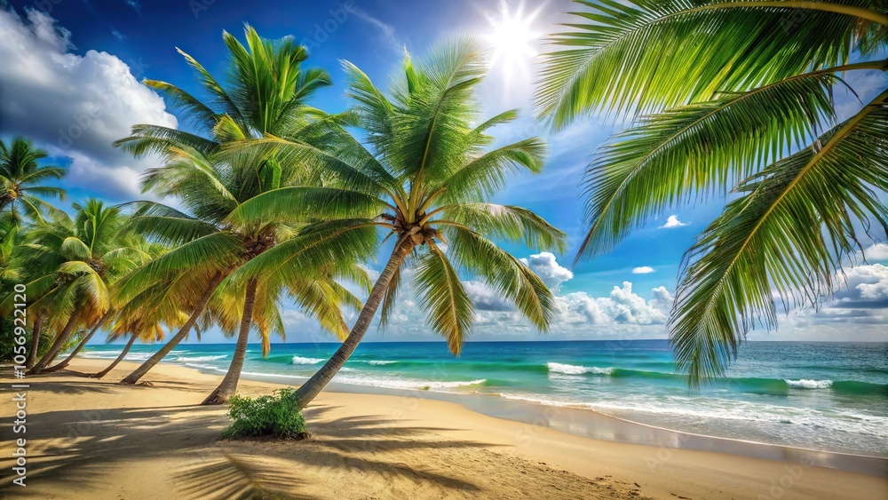 Tropical beach scene with palm trees swaying in the ocean breeze on a hot summer afternoon, beach chairs, seagulls Tropical beach scene with palm trees swaying in the ocean breeze on a hot summer afternoon, beach chairs, seagulls