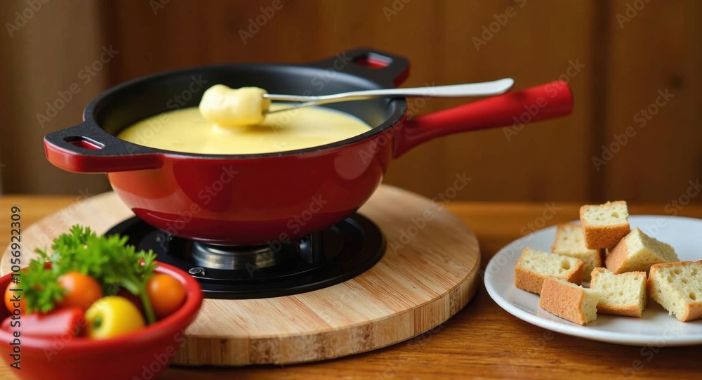 A gourmet cheese fondue with bread cubes and vegetables A gourmet cheese fondue with bread cubes and vegetables