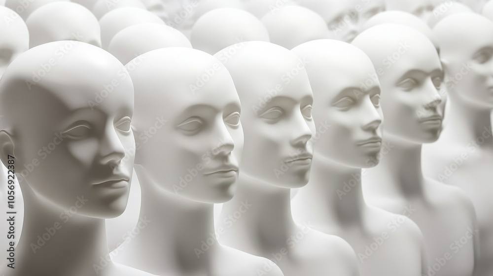 A collection of white mannequins lined up, showcasing a minimalist and artistic display for fashion or retail purposes. A collection of white mannequins lined up, showcasing a minimalist and artistic display for fashion or retail purposes.