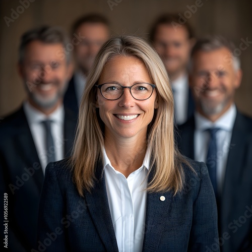 Confident businesswoman leading a professional team portrait