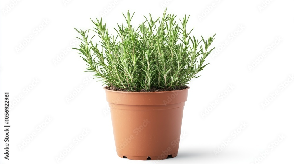 Front view of a potted rosemary plant isolated on a white background Front view of a potted rosemary plant isolated on a white background
