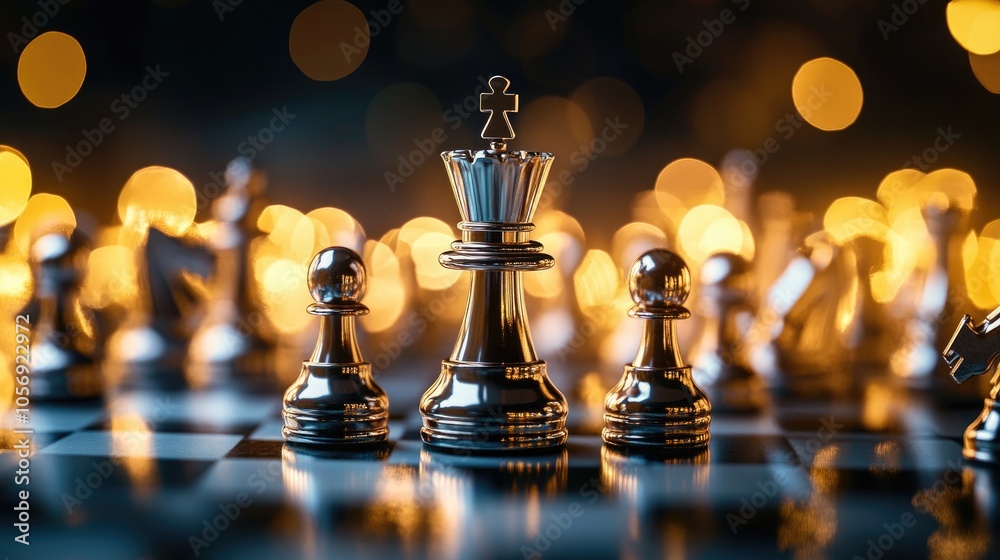 Gold king surrounded by silver chess pieces on a dark chessboard representing a competitive game with virtual icons symbolizing strategy digital marketing and leadership Gold king surrounded by silver chess pieces on a dark chessboard representing a competitive game with virtual icons symbolizing strategy digital marketing and leadership