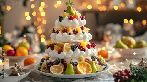 Meringue tree adorned with citrus fruits berries and pears on a festive table surrounded by holiday lights Festive dessert ideas