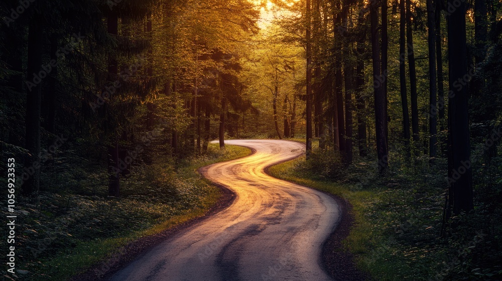 Obraz premium Winding road through a forest during sunset