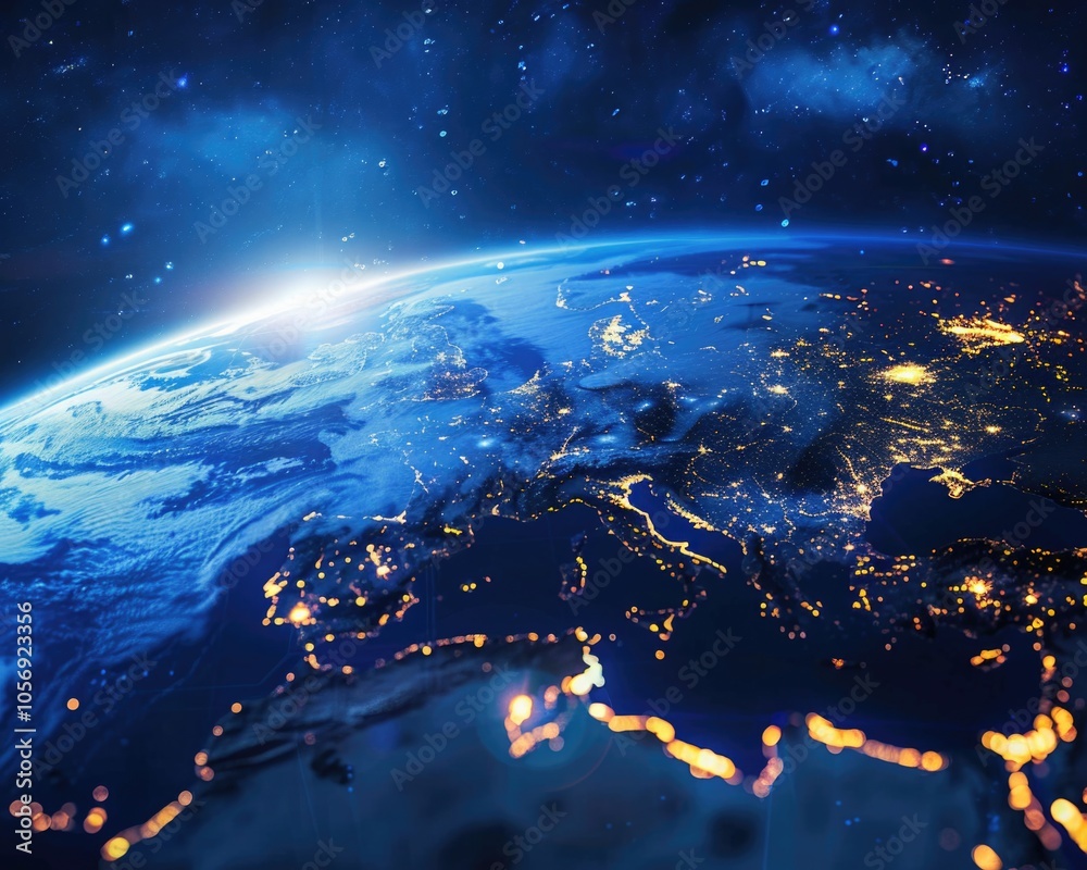 Earth With Lights. Aerial View of the Beautiful Blue Planet from Space at Night Earth With Lights. Aerial View of the Beautiful Blue Planet from Space at Night