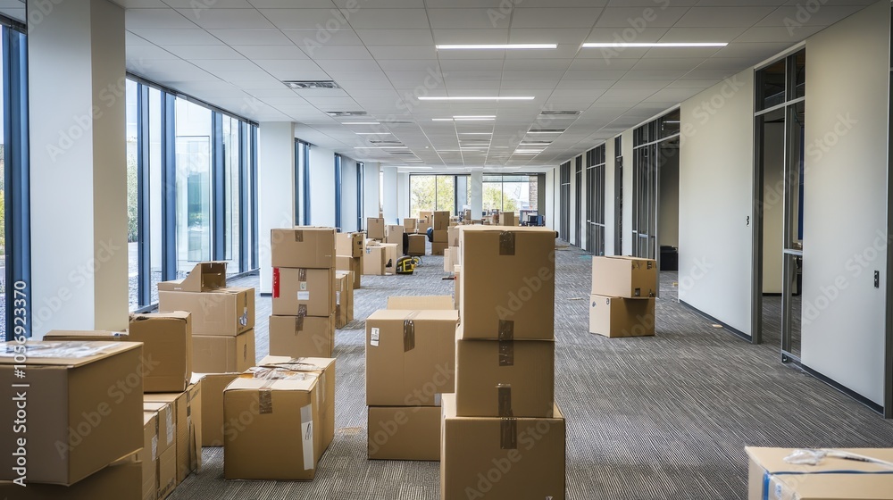 Boxes in a newly opened office space ready for relocation Boxes in a newly opened office space ready for relocation