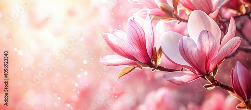 Blossoming Of Magnolia Pink Flower With Leaves In Spring Time Floral Seasonal Background