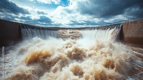 Water cascading over dam creating foamy waves photo