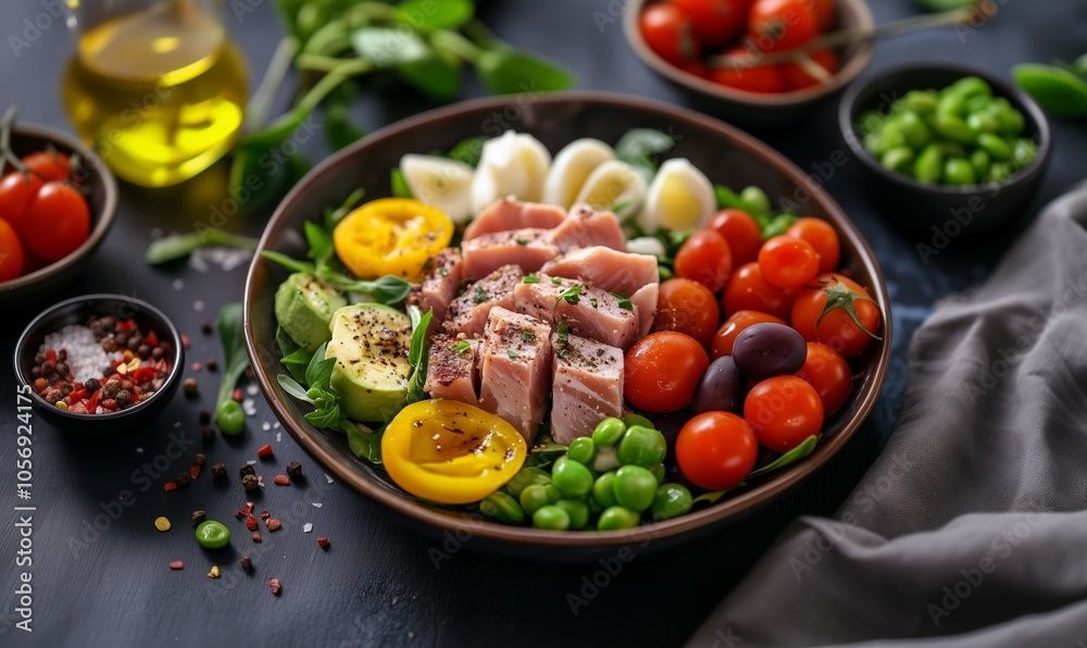 Freshly prepared salad with colorful vegetables and tuna on a rustic table setting Freshly prepared salad with colorful vegetables and tuna on a rustic table setting