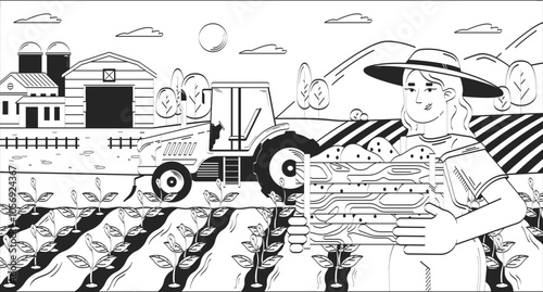 Farmer woman collecting harvest on field doodle lineart illustration. Agriculture. Countrywoman holding potato crate 2D line ink character isolated on white. Monochrome vector outline hand-drawn