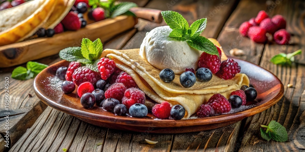 Fluffy Crepe with Wild Berries and Vanilla Bean Ice Cream - Delicious Dessert Photography Fluffy Crepe with Wild Berries and Vanilla Bean Ice Cream - Delicious Dessert Photography