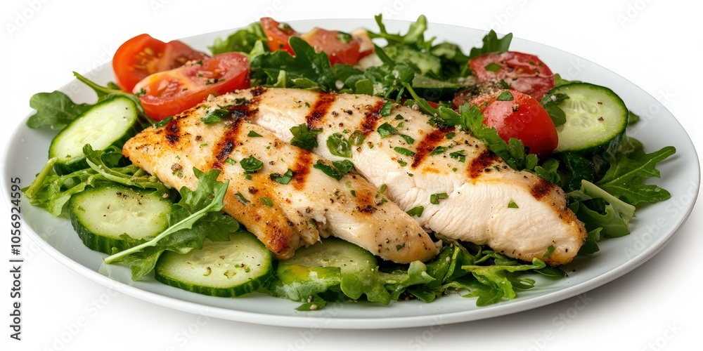 Grilled Chicken Breast Salad with Cucumber and Tomatoes Healthy Lunch Meal Grilled Chicken Breast Salad with Cucumber and Tomatoes Healthy Lunch Meal