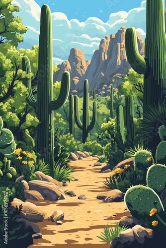 Desert trail lined with tall cacti, leading towards distant rocky mountains under a clear blue sky