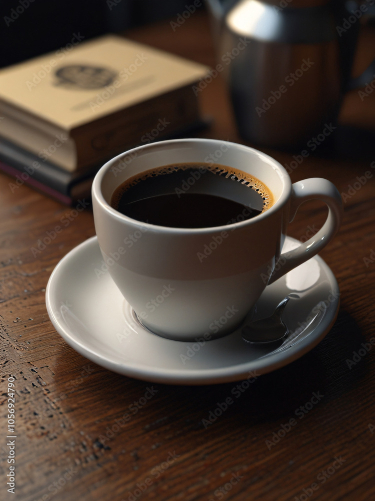 This cozy scene features a perfectly brewed coffee. This cozy scene features a perfectly brewed coffee.
