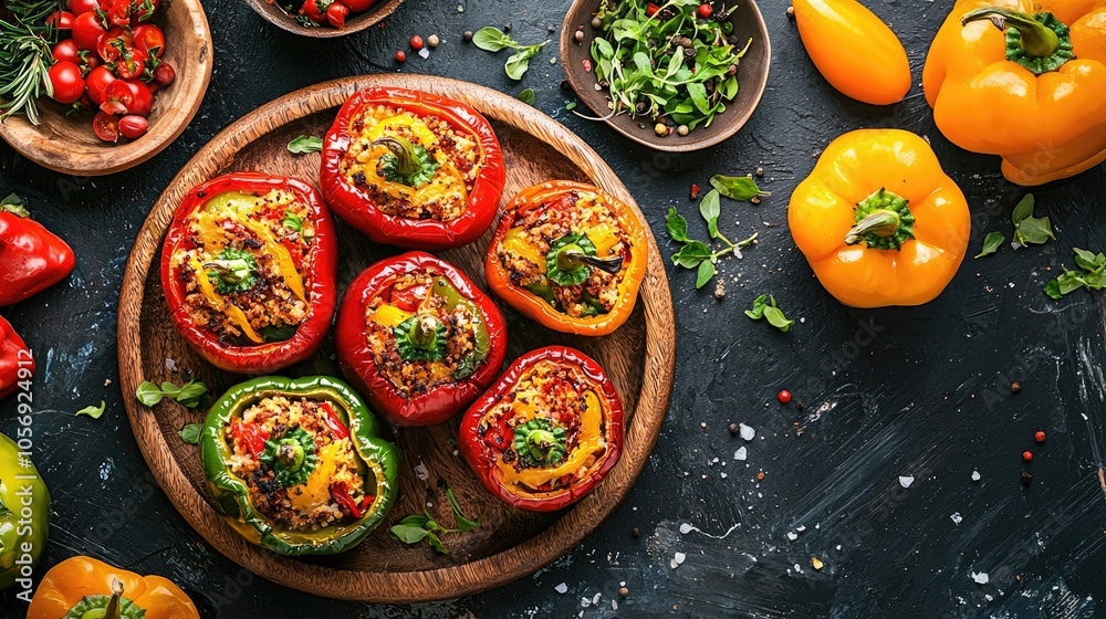 Sweet Stuffed Peppers On A Served Table Cut Shot From Above Sweet Stuffed Peppers On A Served Table Cut Shot From Above