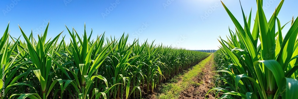 Vibrant sugar cane field against a clear blue sky backdrop, nature, environment Vibrant sugar cane field against a clear blue sky backdrop, nature, environment