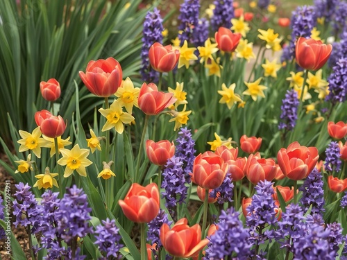 Vibrant red tulips, yellow daffodils, and purple hyacinths blooming in a lush garden during springtime, plant, outdoors