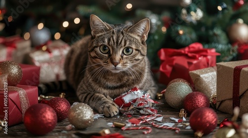Holiday Havoc Injured Cat Surrounded by Broken Decorations and Disordered Presents