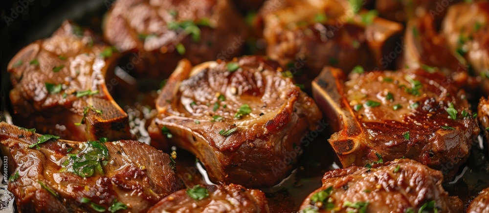 Roasted Lamb Chops In Pan Food Recipe Background Close Up Roasted Lamb Chops In Pan Food Recipe Background Close Up