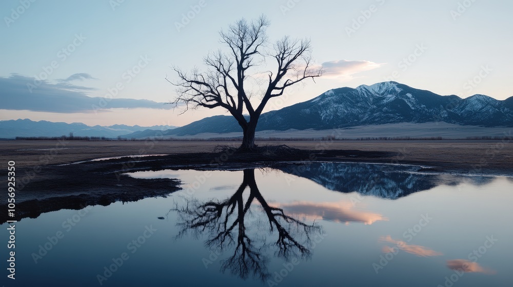 Silhouetted Tree Reflection in Water Puddle at Sunset with Mountain Range Silhouetted Tree Reflection in Water Puddle at Sunset with Mountain Range