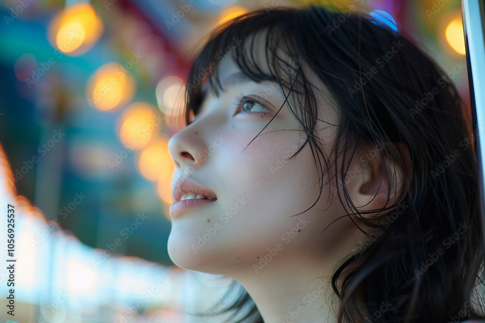 Generative AI Image of Young people friends Woman Man Enjoying Summer Fair with Colorful Amusement Park Background
