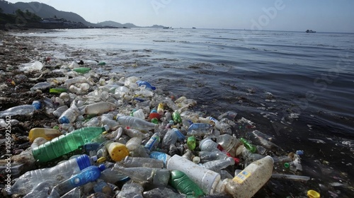 Plastic Pollution Littering a Tropical Shoreline