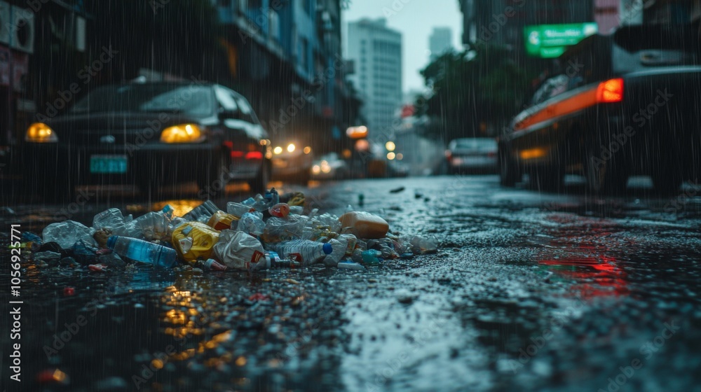 Plastic Waste Pile on a Rain-Soaked City Street Plastic Waste Pile on a Rain-Soaked City Street