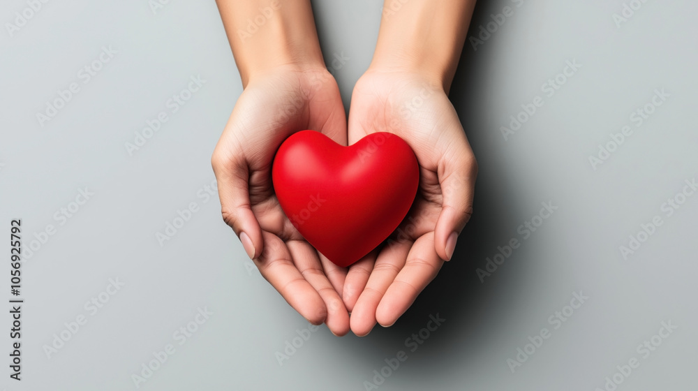 Two hands gently holding a bright red heart-shaped object on a neutral gray background, symbolizing love and care.