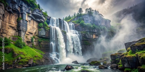 Waterfall cascading down a rocky cliffside with a misty atmosphere, blurred water, stone formations, flowing water, rocky cliff, waterfall cascade