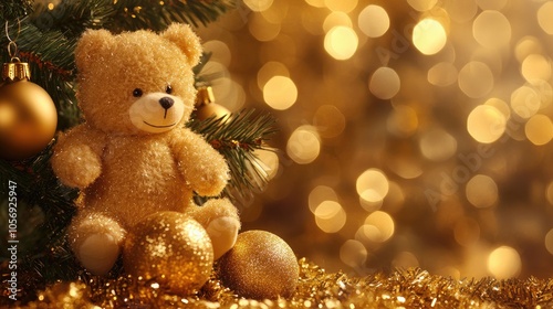 Christmas tree adorned with golden ornaments and toy bears set against a blurred shimmering gold backdrop with lovely bokeh ideal for banner format and featuring ample copy space