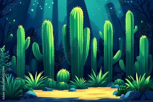 Group of cacti glowing under mysterious moonlight surrounded by lush greenery in dense dark setting