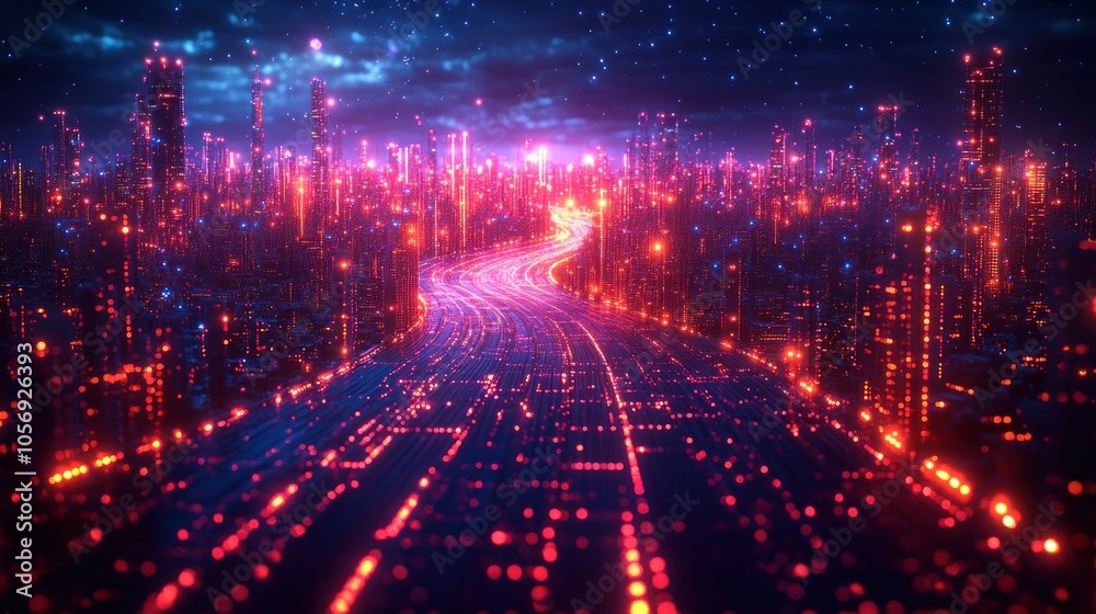 A vibrant, futuristic cityscape with glowing roads and skyscrapers. A vibrant, futuristic cityscape with glowing roads and skyscrapers.