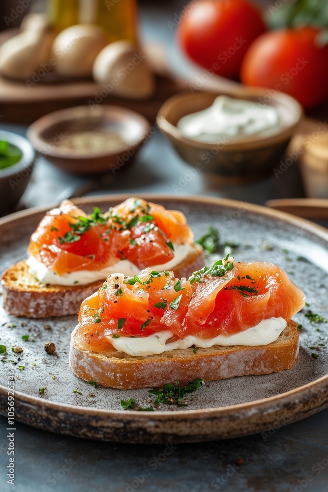 Delicious open-faced sandwiches topped with fresh salmon and herbs, served with vibrant side ingredients in a cozy kitchen setting Delicious open-faced sandwiches topped with fresh salmon and herbs, served with vibrant side ingredients in a cozy kitchen setting
