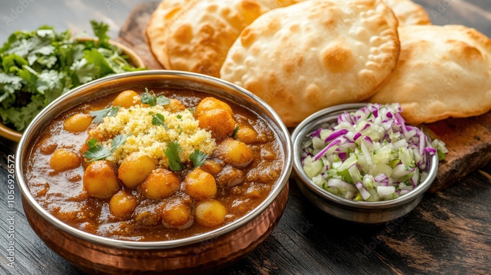 Indian chole bhature served with puri masala and salad Indian chole bhature served with puri masala and salad