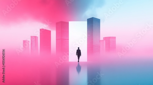 A lone figure walks through a digital cityscape, buildings melting and reforming into abstract patterns, reality bleeding into the digital realm.