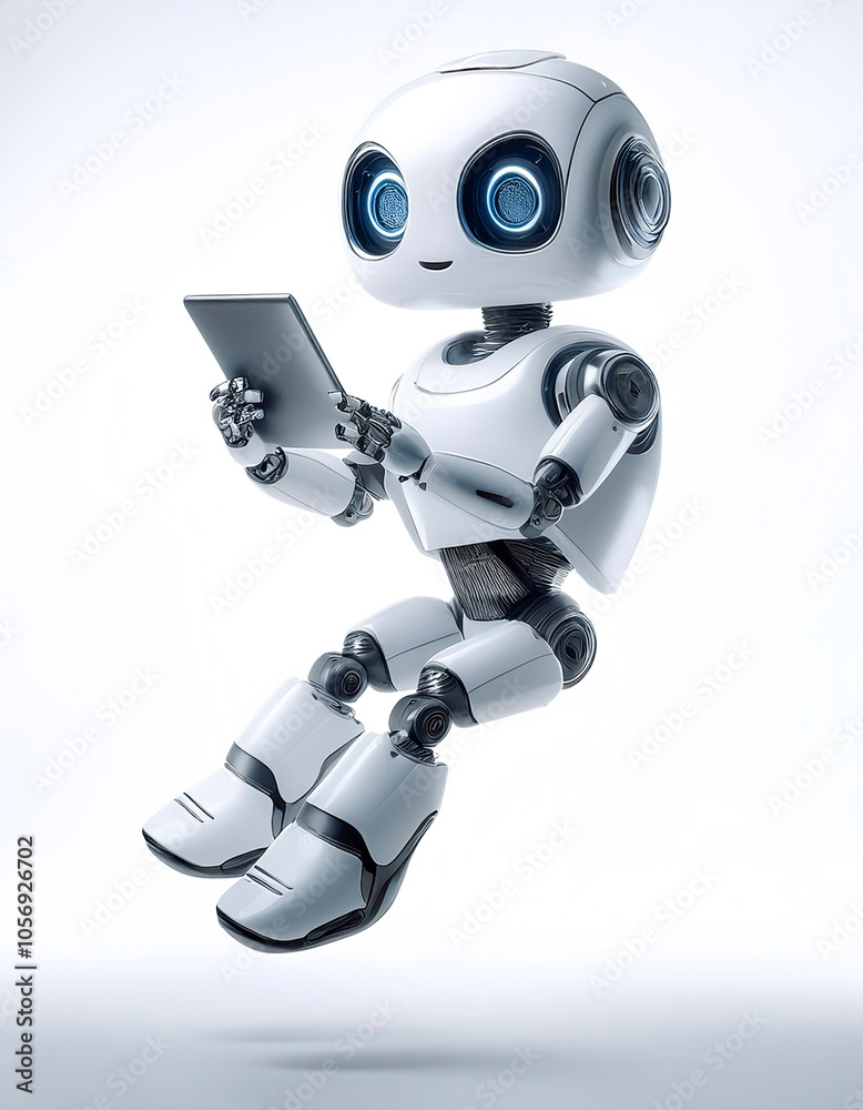Ai robot using tablet floating or flying isolated white background Ai robot using tablet floating or flying isolated white background