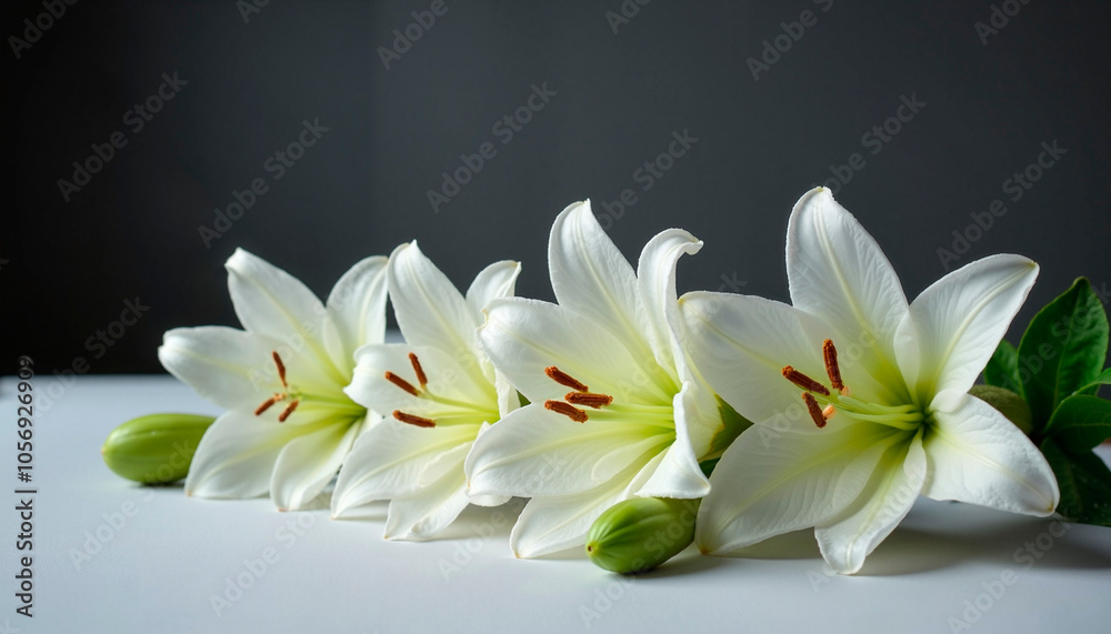 Fototapeta premium Delicate white lilies elegantly arranged with buds on a light background