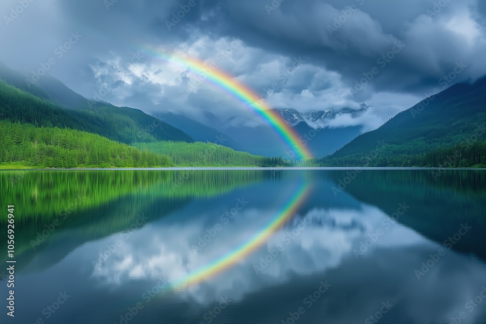 A rainbow is reflected in the water of a lake A rainbow is reflected in the water of a lake