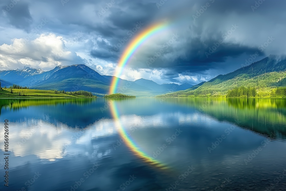 A rainbow is reflected in the water of a lake A rainbow is reflected in the water of a lake