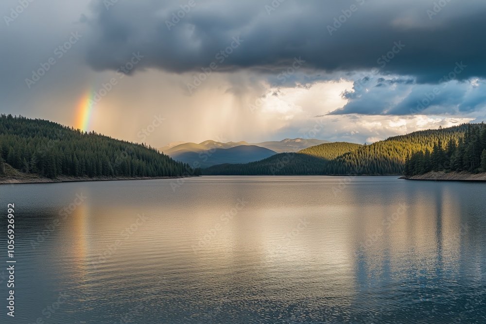 Fototapeta premium A beautiful lake with a rainbow in the sky