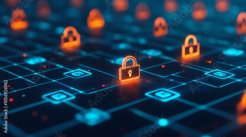 Digital security illustration featuring glowing padlocks on a network grid, symbolizing cybersecurity and data protection.
