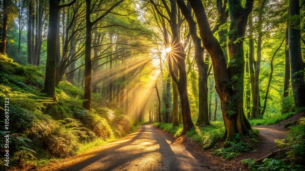 Fototapeta premium Winding forest trail with sunlight filtering through canopy above, terrain, path, wilderness, woodlands, nature