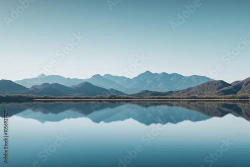 A beautiful mountain range with a calm lake in the foreground photo