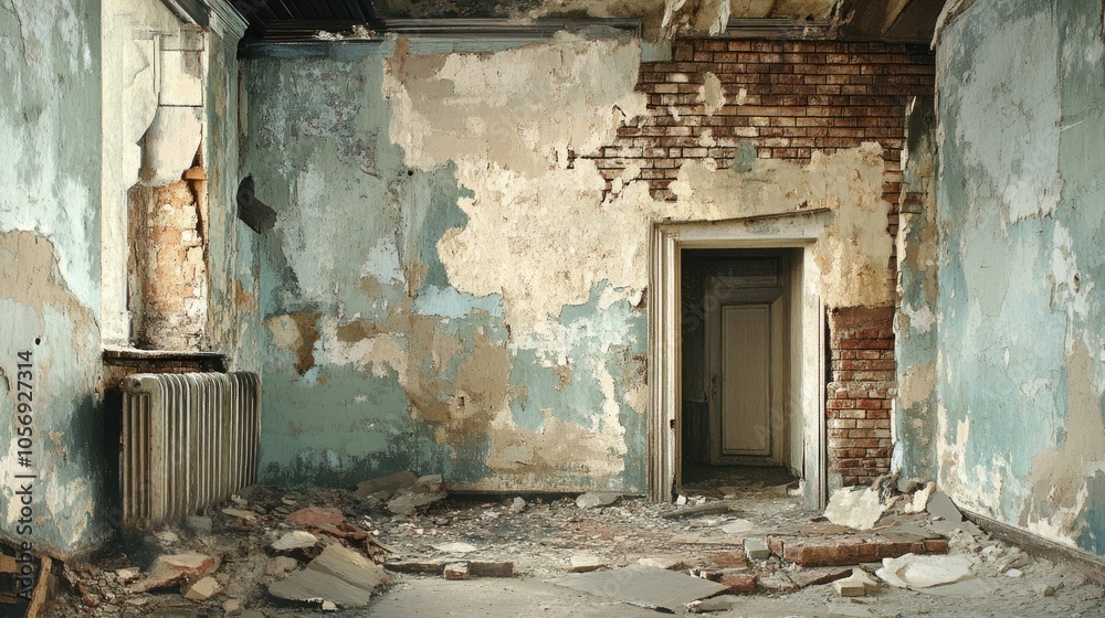 Dilapidated interior of a forsaken structure with collapsing walls and scattered debris peeling paint revealing bare brick and damaged plaster Dilapidated interior of a forsaken structure with collapsing walls and scattered debris peeling paint revealing bare brick and damaged plaster