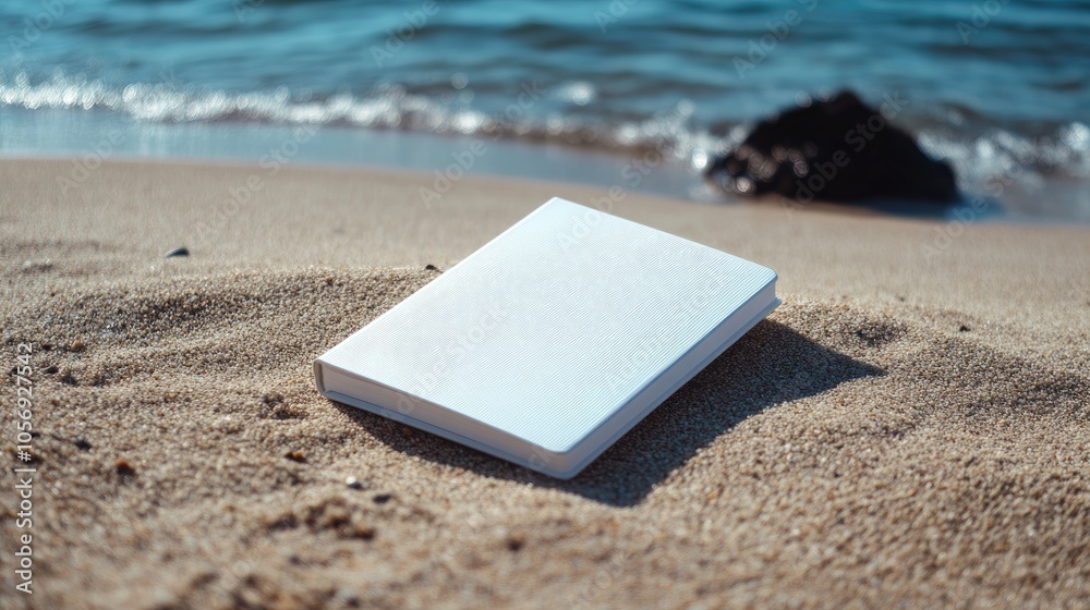 Naklejka premium Small white notebook resting on sandy beach with serene sea texture