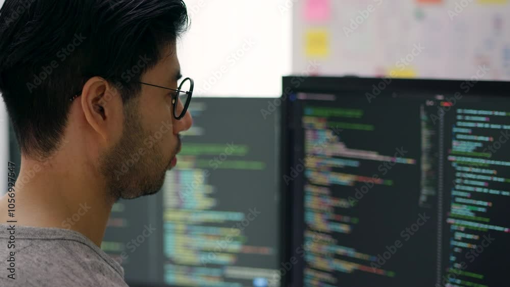 Focused Asian Male Programmer Coding on Multiple Monitors in Modern Office.