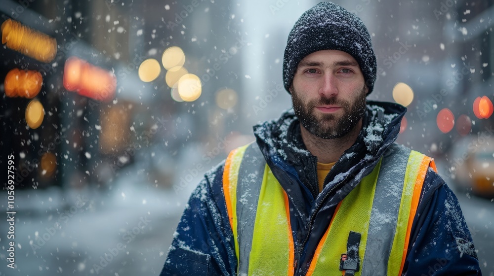 City Snow Removal: Worker Clearing Streets on Winter Morning City Snow Removal: Worker Clearing Streets on Winter Morning